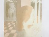painting of a woman looking out a window with a cat in the background