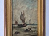 une peinture à l'huile représentant un voilier sur l'eau, avec d'autres bateaux en arrière-plan