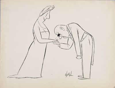 une illustration représentant une femme tendant une bouteille d'eau à un homme
