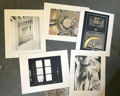 several black and white photographs of a woman and a clock on a table