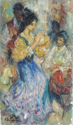 un tableau représentant une femme en robe bleue tenant un éventail