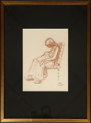 dessin représentant une personne assise sur un banc, coiffée d'un chapeau