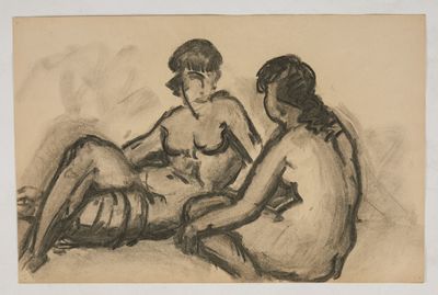 drawing of two women sitting on a couch, one of them is holding a cigarette