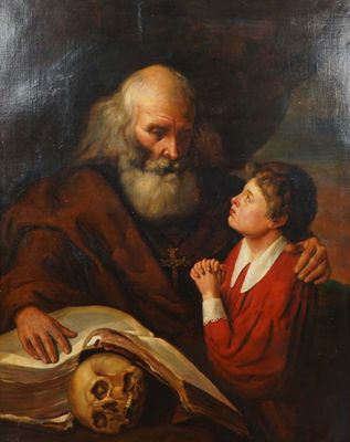 a painting of an old man and a young boy with a skull
