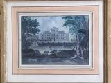 an old picture of a painting of a house in a wooded area