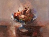 an oil painting of a bowl of fruit on a table