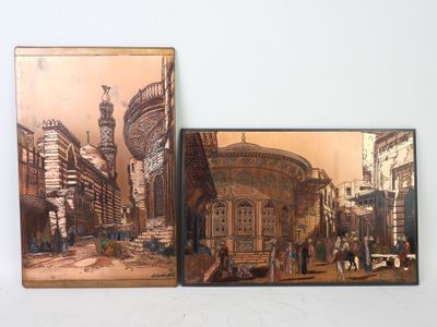 two paintings of a street scene with people and buildings in the background