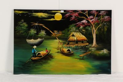 un tableau représentant un homme sur un bateau, un panier sur la tête