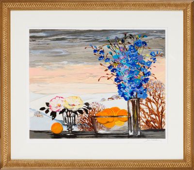 un tableau représentant un vase orné de fleurs bleues et d'oranges