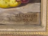 a painting of a pear and a pear on a table
