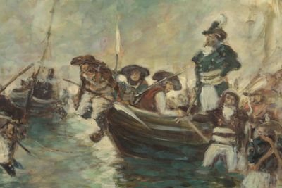 a painting of a group of people on a boat in the water