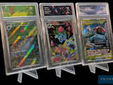 Quatre cartes Pokémon sont présentées dans des pochettes en plastique transparent sur un fond noir.
