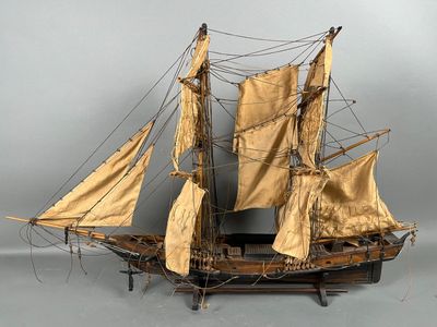 a model of a sailing ship on display on a table