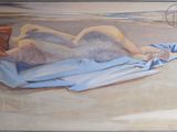 un tableau représentant une femme allongée sur une couverture à la plage