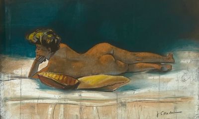 tableau représentant une femme allongée sur un lit avec un oreiller