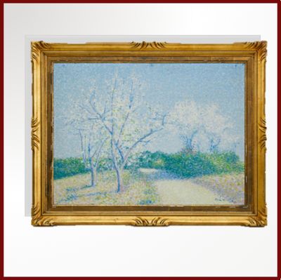 l'image d'une peinture d'un champ avec des arbres en arrière-plan