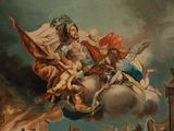 an image of a painting of a man on a cloud with angels and demons
