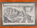 une vieille gravure représentant un paysage de montagne, avec une rivière au premier plan et des montagnes à l'arrière-plan