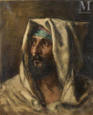 un tableau représentant un homme vêtu d'une robe blanche et portant un bandeau bleu
