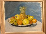 a painting of a bowl of fruit with a pineapple on top