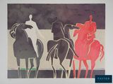 un tableau représentant trois personnes à cheval, alignées