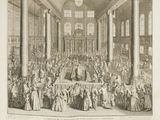 an old drawing of a large room with people in it