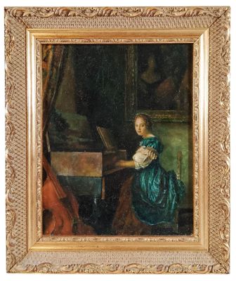 un vieux tableau représentant une femme assise au piano, vêtue d'une robe verte