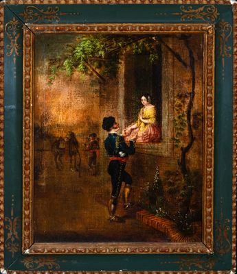 a painting of a man and a woman sitting on a window sill