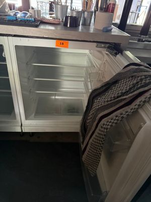 an open refrigerator in a kitchen with a dishwasher on the counter