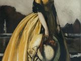 painting of a woman in a yellow dress holding a hat