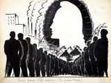 drawing of a group of people standing in front of a building