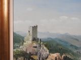 a picture of a painting of a castle on a hill