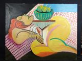 un tableau représentant une femme allongée sur un lit, un bol de fruits sur les genoux