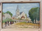 un tableau représentant une église et des passants dans la rue
