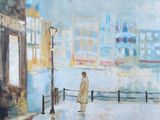 un tableau représentant un homme marchant dans la rue sous la pluie
