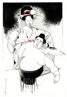 dessin représentant un homme et une femme assis sur un canapé