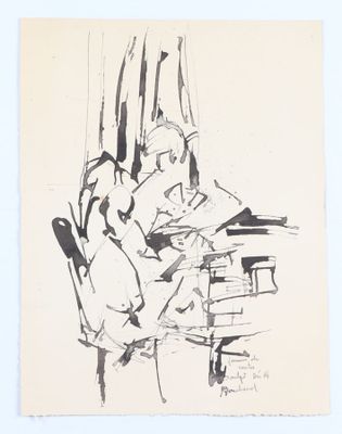 une image représentant le dessin d'une femme assise à une table en train de lire un livre