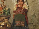 tableau représentant une jeune fille en costume traditionnel, assise devant un panier de légumes