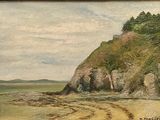 une photo d'un tableau représentant une plage rocheuse