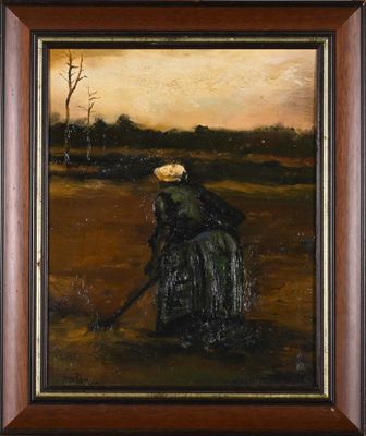 une peinture à l'huile représentant une femme coiffée d'un chapeau de paille dans un champ
