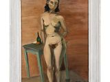 an oil painting of a nude woman sitting on a chair next to a table
