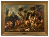 an oil painting of a group of naked men and women in a wooded landscape