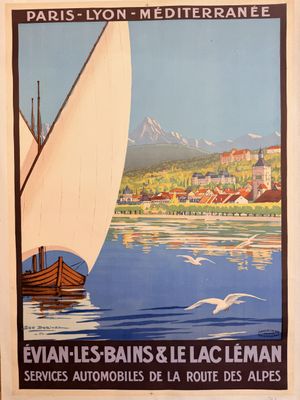 painting of a sailboat in the water with a city in the background