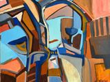abstract painting of a man and a woman standing in front of a building
