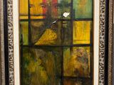 an oil painting of a bird sitting on a window sill