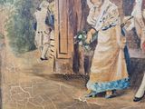 an old painting of a man and a woman walking down a street