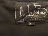 the back of a black jacket with a white logo on it