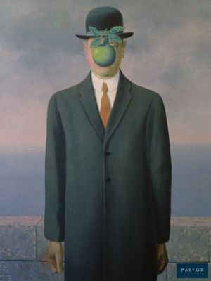 an image of a painting of a man in a suit and tie with a green apple in his mouth