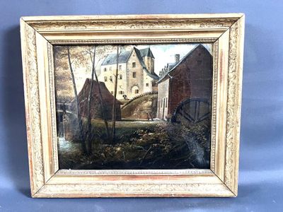 une vieille peinture représentant une scène de vie à la ferme, avec une maison en arrière-plan