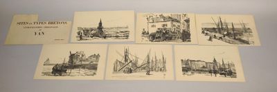 six postcards of a drawing of a city with a church in the background